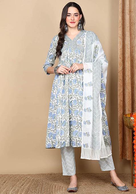 White Printed Pure Cotton Kurta Set