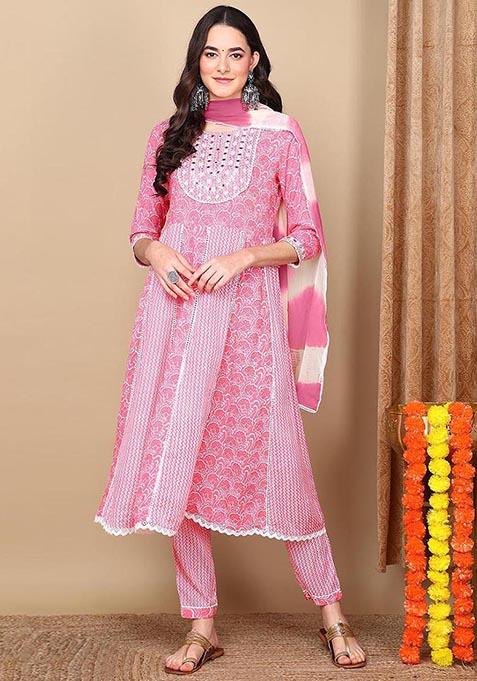 Coral Pink Yoke Design Viscose Rayon Kurta Set