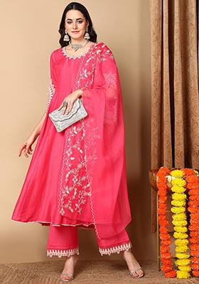 Pink Embroidered Silk Blend Kurta Set