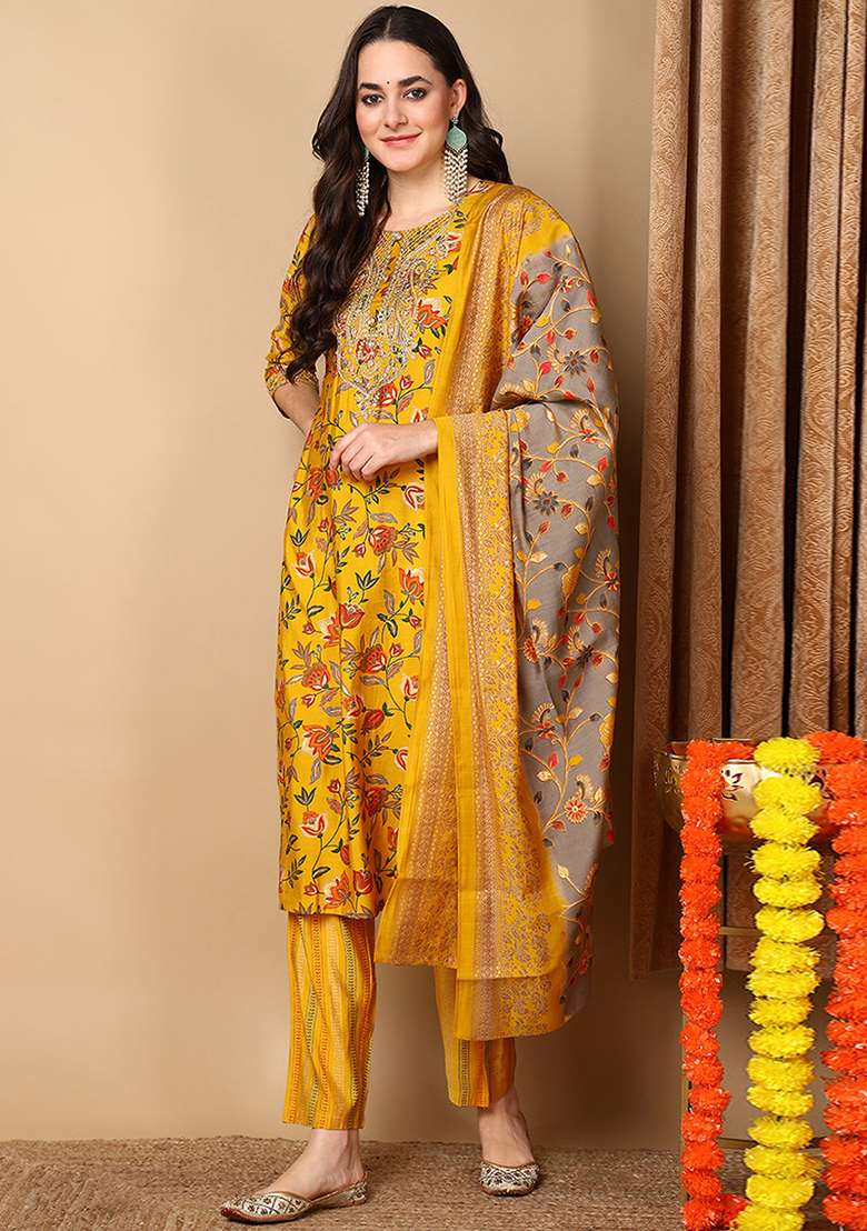 Yellow Printed Silk Blend Kurta Set - Indya