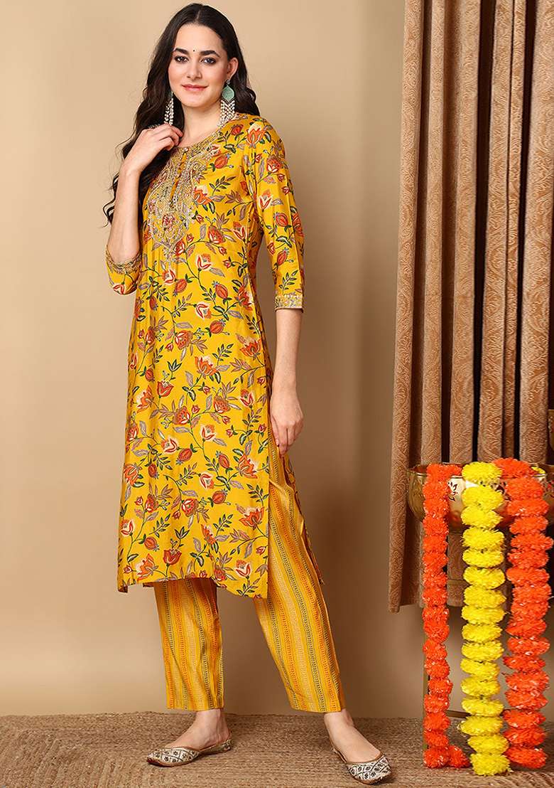 Yellow Printed Silk Blend Kurta Set - Indya