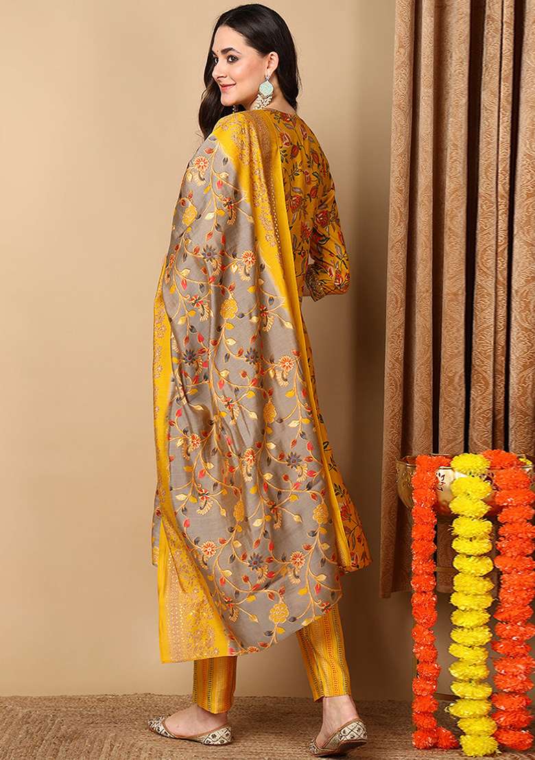 Yellow Printed Silk Blend Kurta Set - Indya