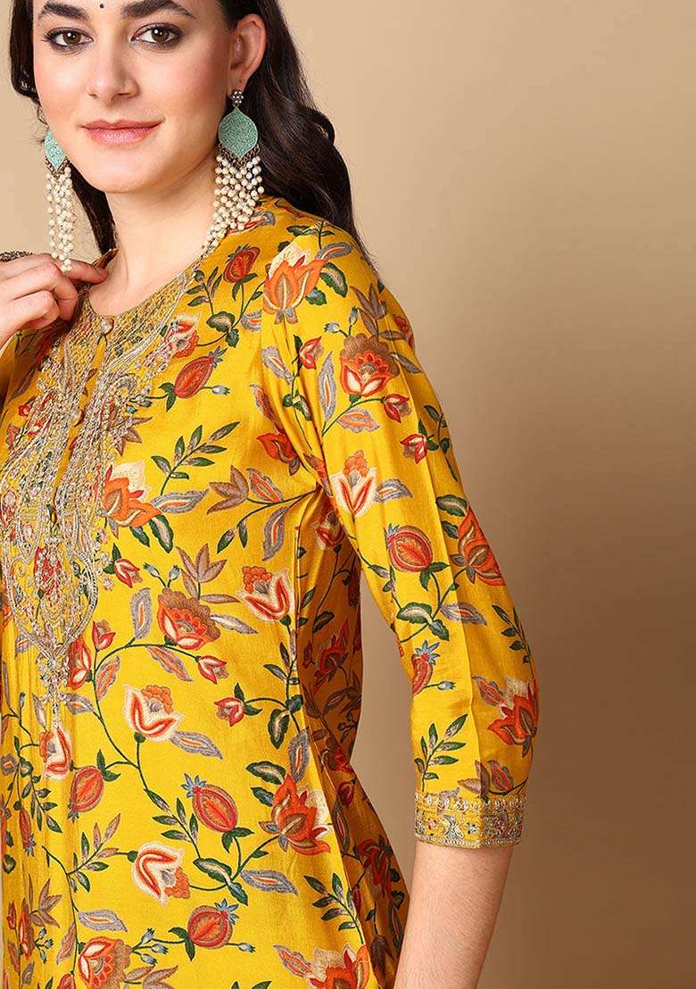 Yellow Printed Silk Blend Kurta Set - Indya