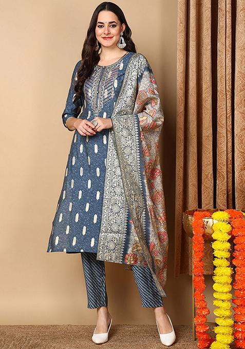 Blue Embroidered Silk Blend Kurta Set