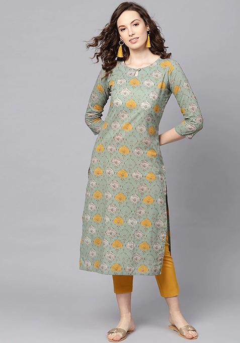 Green Printed Rayon Blend Kurta