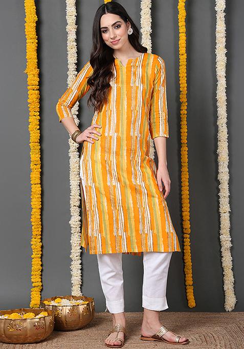 Yellow Printed Cotton Kurta