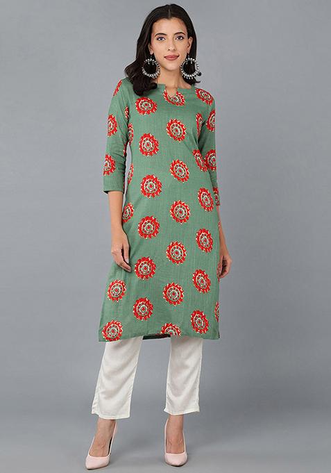 Rama Green Printed Cotton Kurta