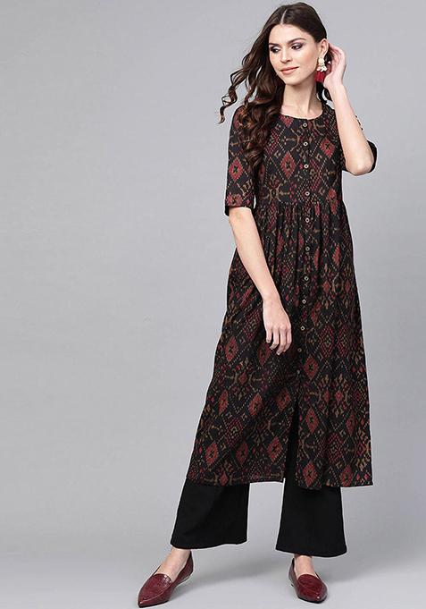 Black Printed Rayon Blend Kurta