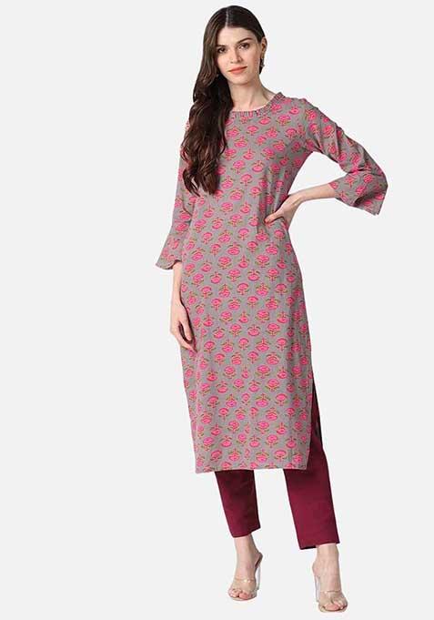 Dark Beige Printed Cotton Kurta