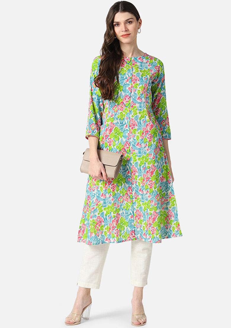 Light Cyan Printed Rayon Blend Kurta - Indya