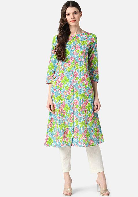 Light Cyan Printed Rayon Blend Kurta