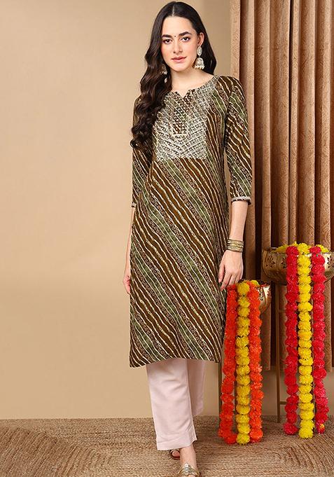 Olive Green Printed Viscose Rayon Kurta