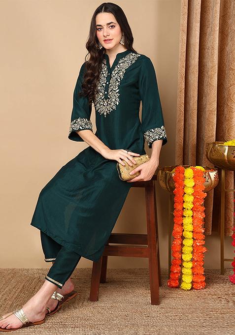 Green Embroidered Silk Blend Kurta