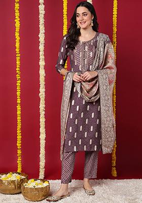 Mauve Embroidered Silk Blend Kurta Set