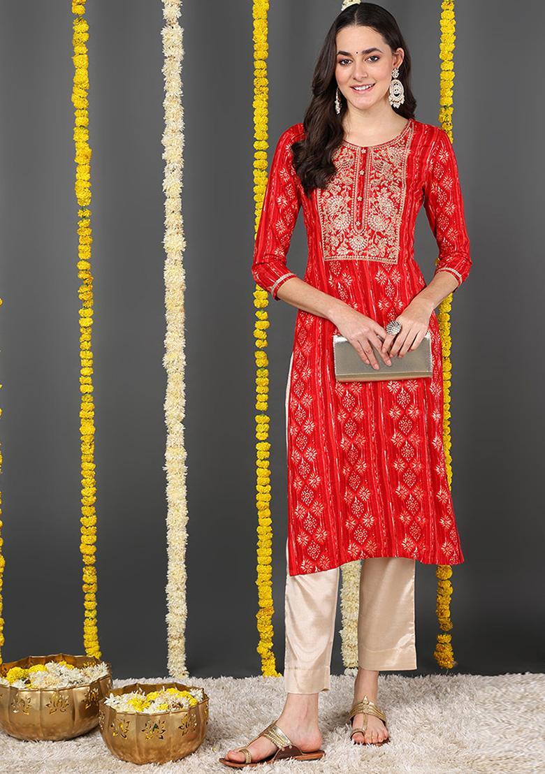 Red Printed Viscose Rayon Kurta