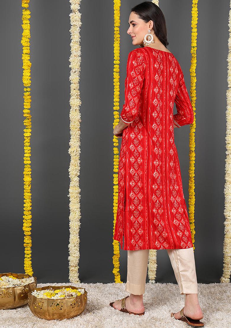 Red Printed Viscose Rayon Kurta