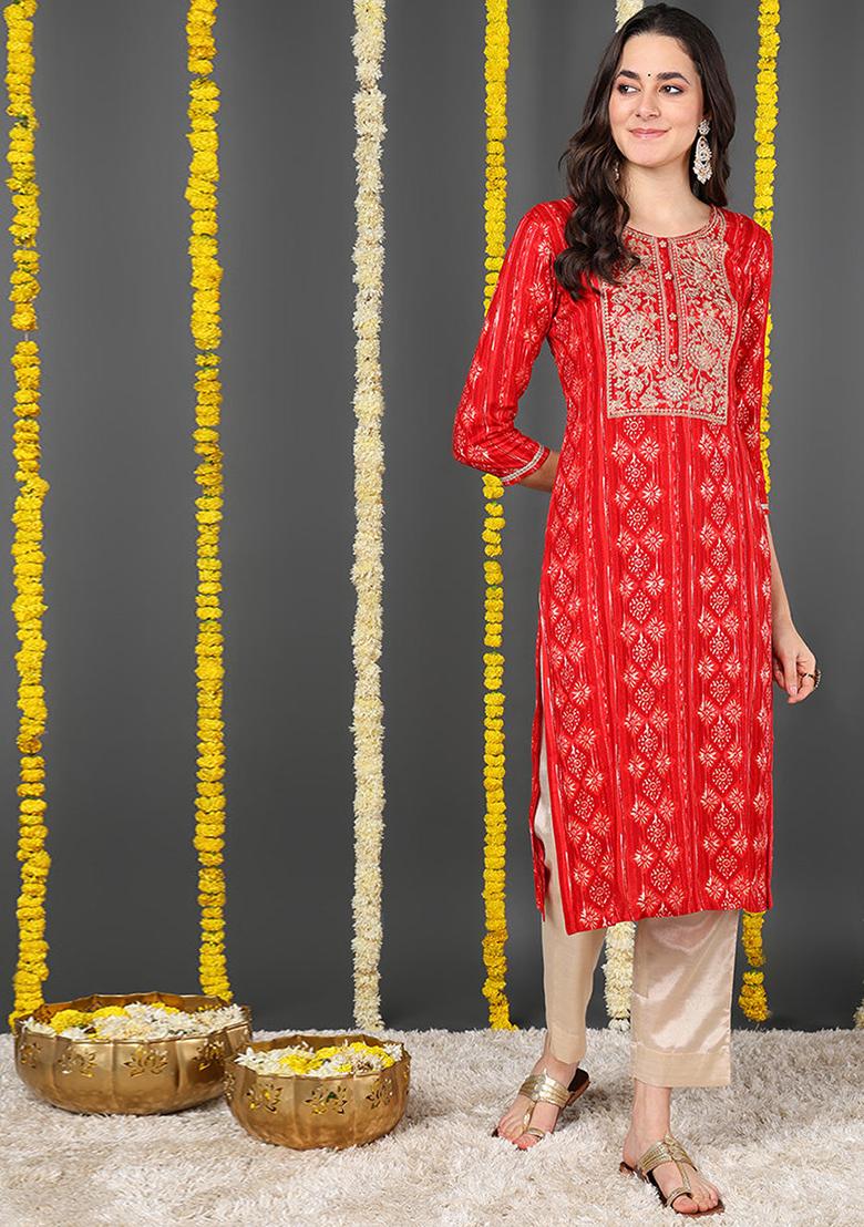 Red Printed Viscose Rayon Kurta