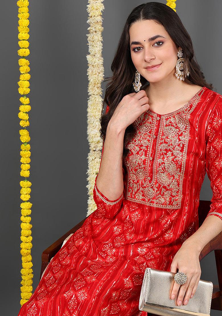 Red Printed Viscose Rayon Kurta