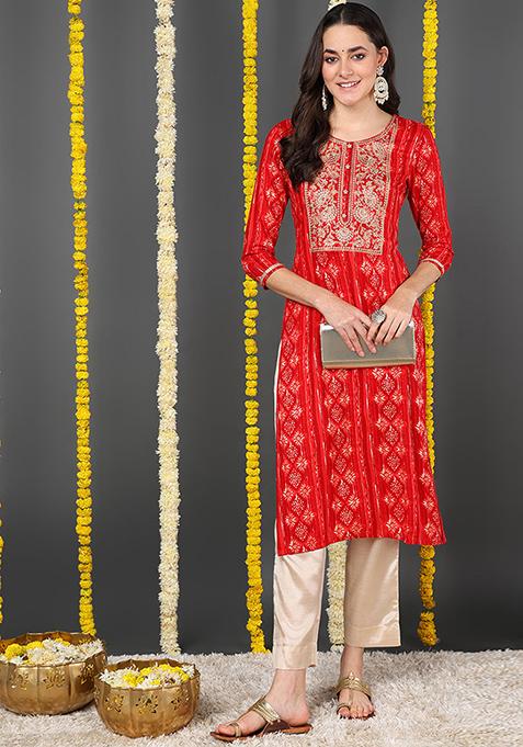 Red Printed Viscose Rayon Kurta