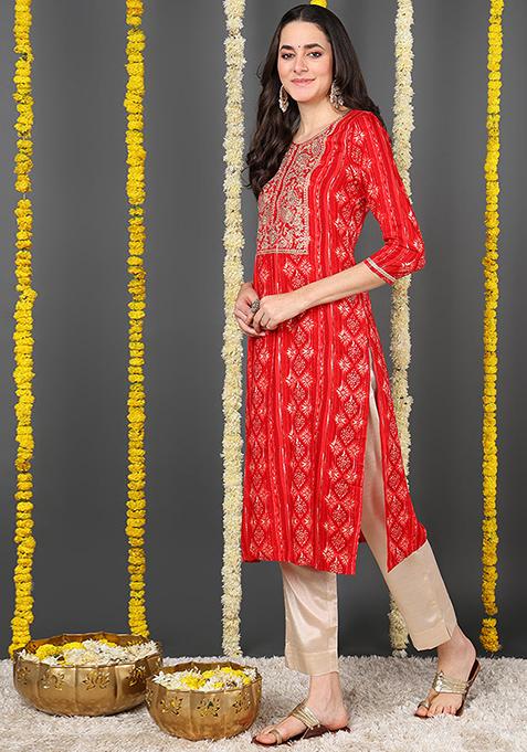 Red Printed Viscose Rayon Kurta