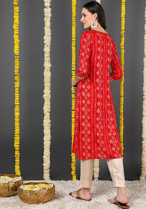 Red Printed Viscose Rayon Kurta