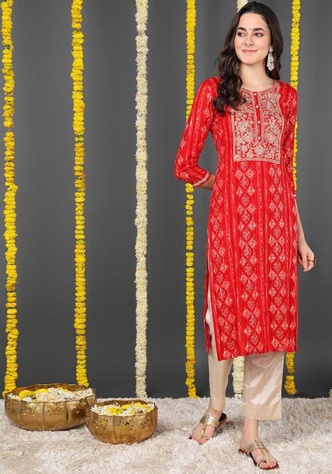 Red Printed Viscose Rayon Kurta