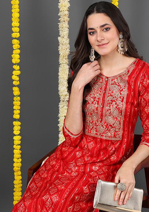 Red Printed Viscose Rayon Kurta