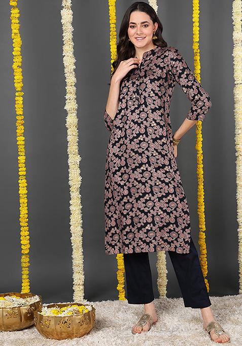 Black Printed Viscose Rayon Kurta