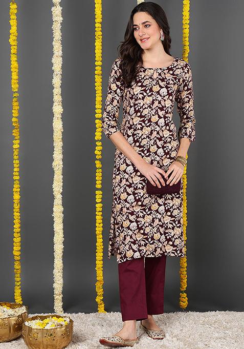 Maroon Printed Viscose Rayon Kurta