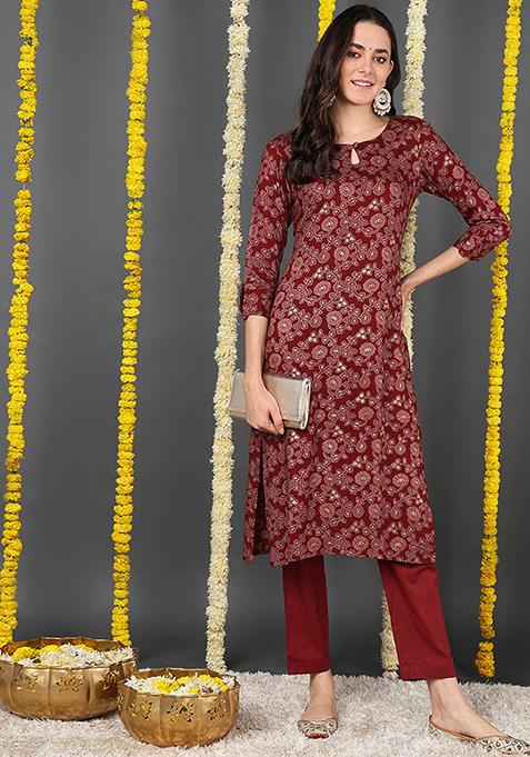 Maroon Printed Viscose Rayon Kurta