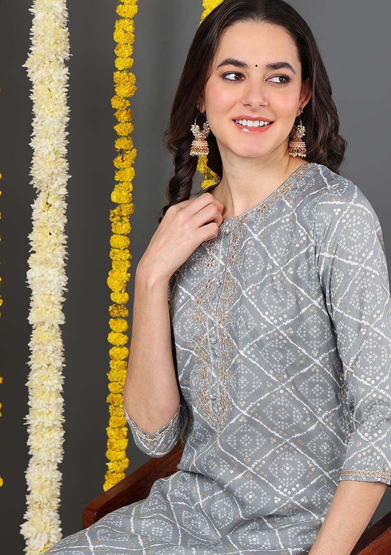 Grey Printed Cotton Blend Kurta - Indya