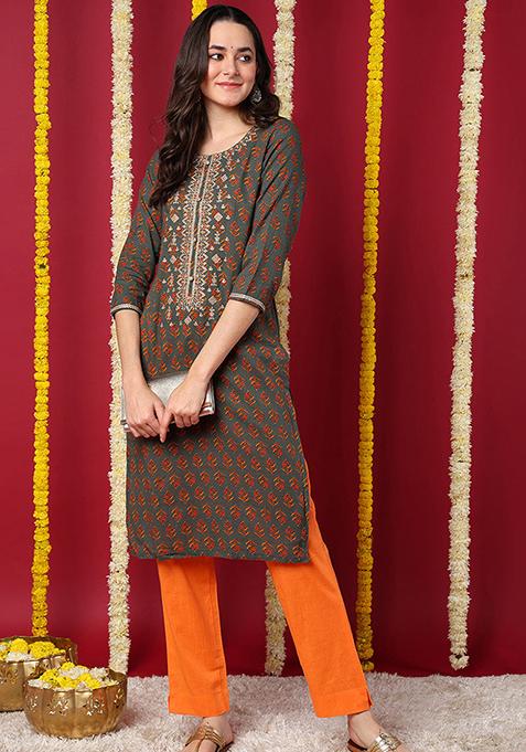 Olive Green Embroidered Cotton Blend Kurta