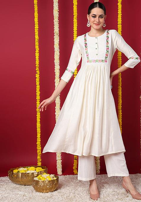 Off White Embroidered Silk Blend Kurta