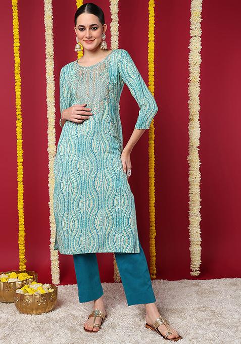 Blue Printed Viscose Rayon Kurta