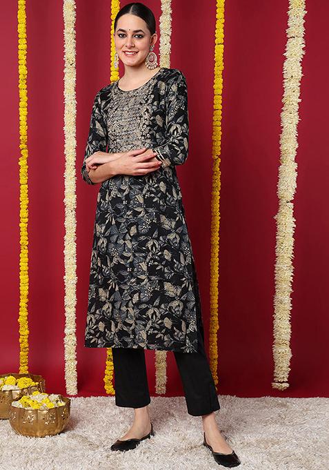 Navy Blue Printed Silk Blend Kurta