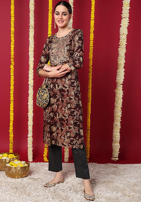 Maroon Printed Silk Blend Kurta