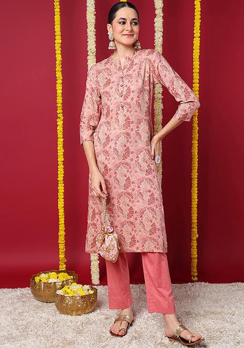 Peach Printed Viscose Rayon Kurta