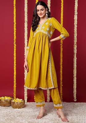 Yellow Embroidered Silk Blend Kurta Set