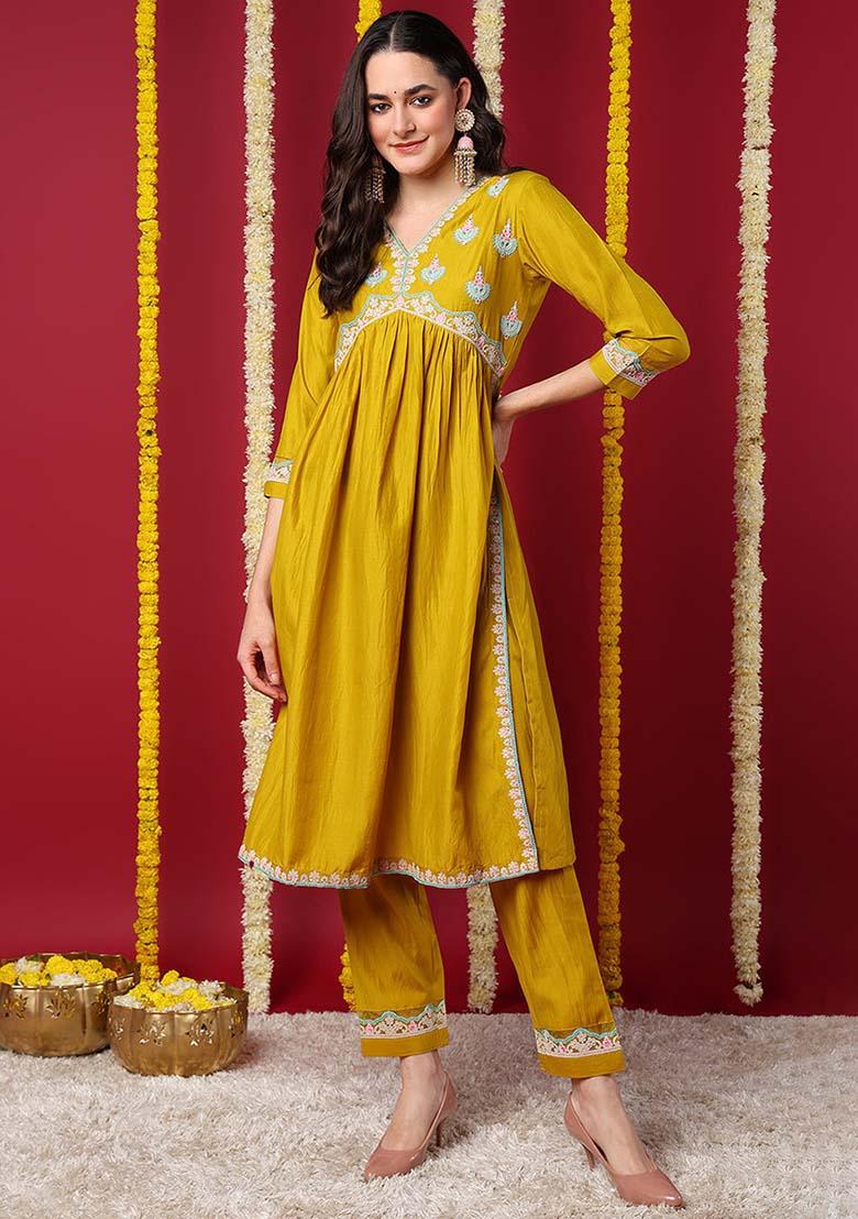 Yellow Embroidered Silk Blend Kurta Set