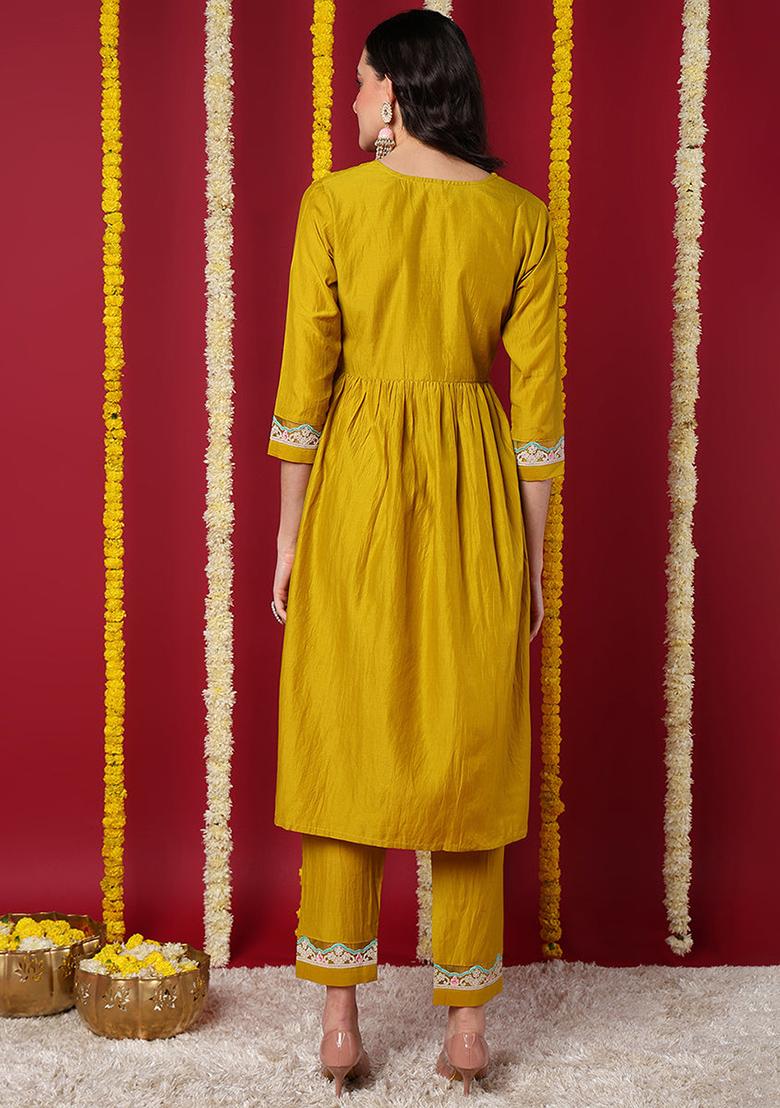 Yellow Embroidered Silk Blend Kurta Set