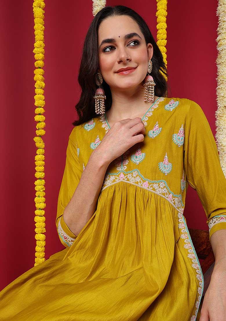 Yellow Embroidered Silk Blend Kurta Set