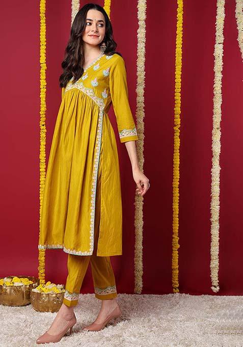 Yellow Embroidered Silk Blend Kurta Set