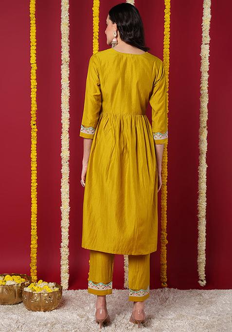 Yellow Embroidered Silk Blend Kurta Set