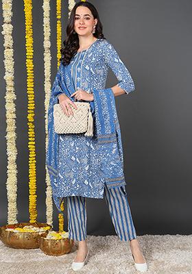 Blue Printed Rayon Blend Kurta Set