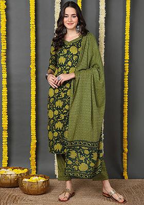 Green Printed Rayon Blend Kurta Set
