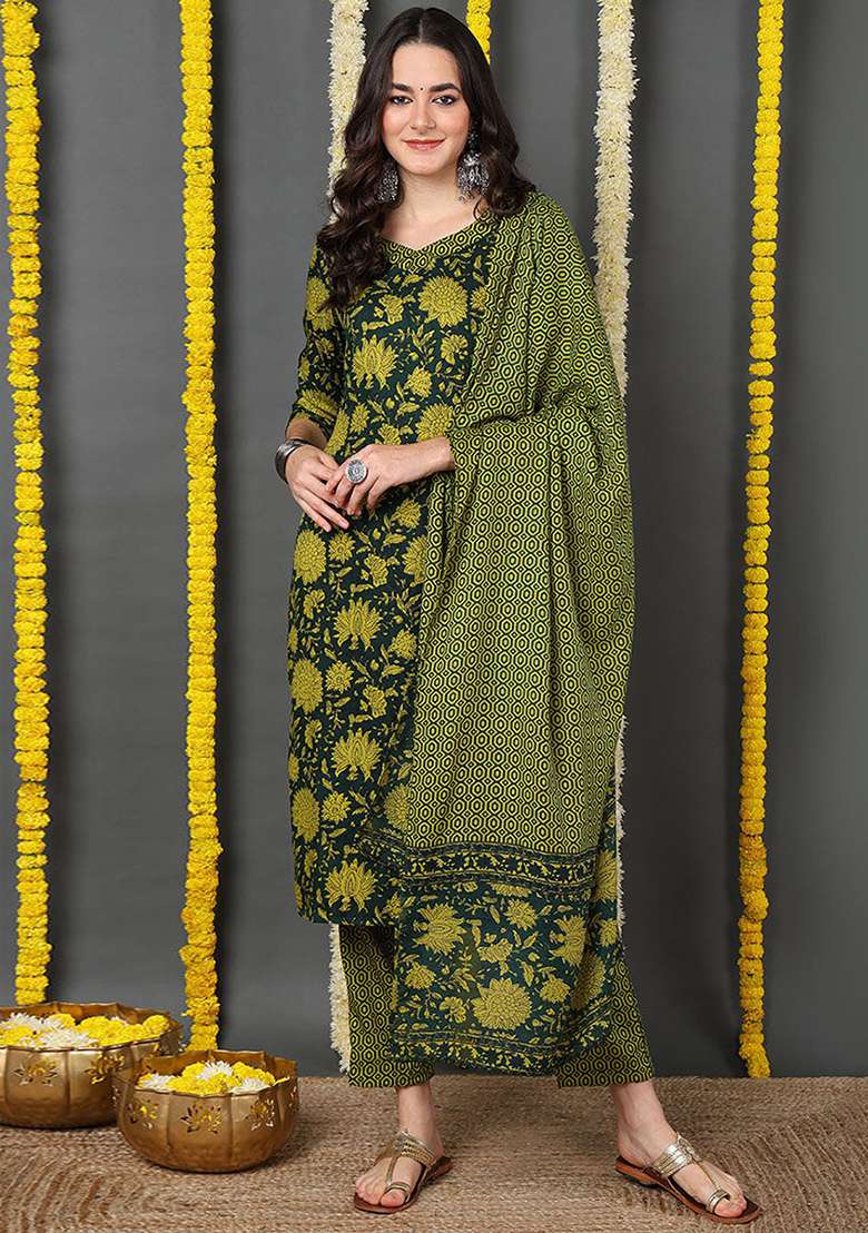 Green Floral Print Blended Straight Kurta Set - Indya