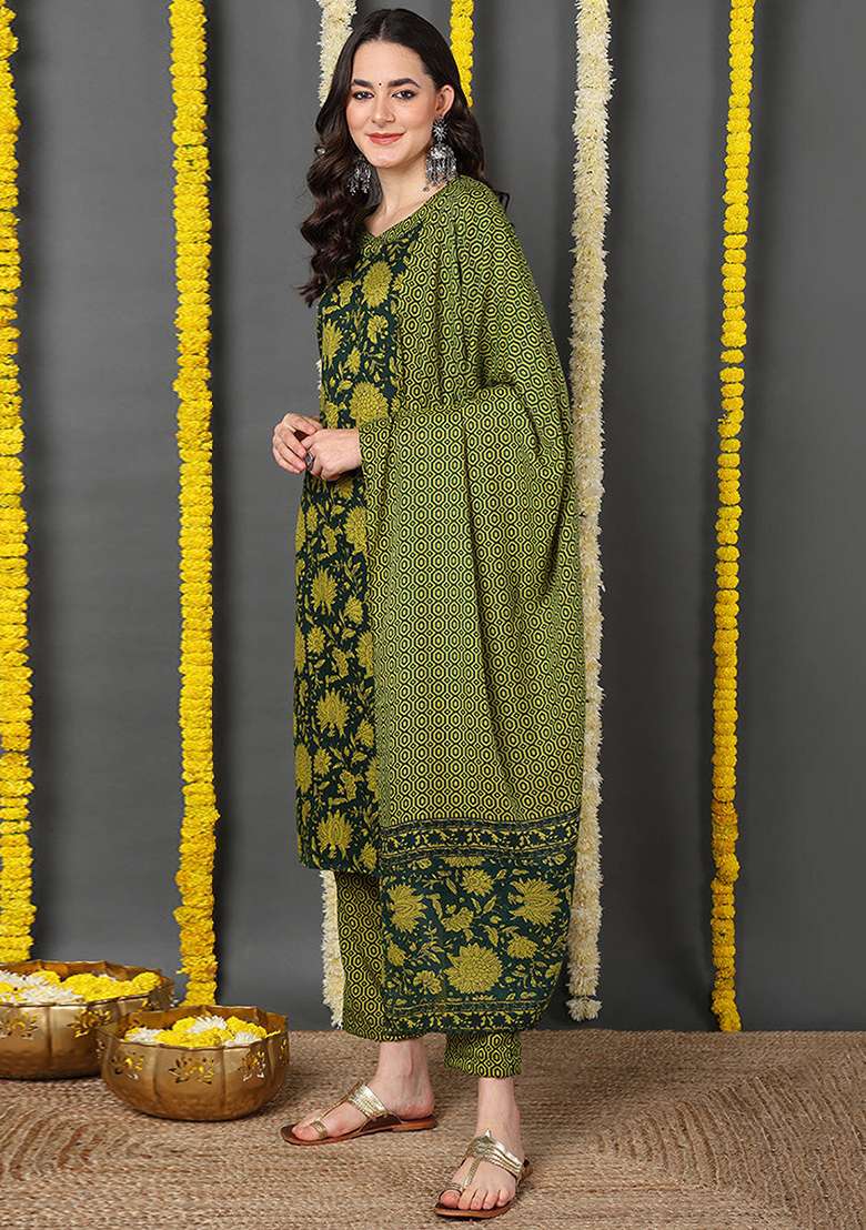 Green Floral Print Blended Straight Kurta Set - Indya