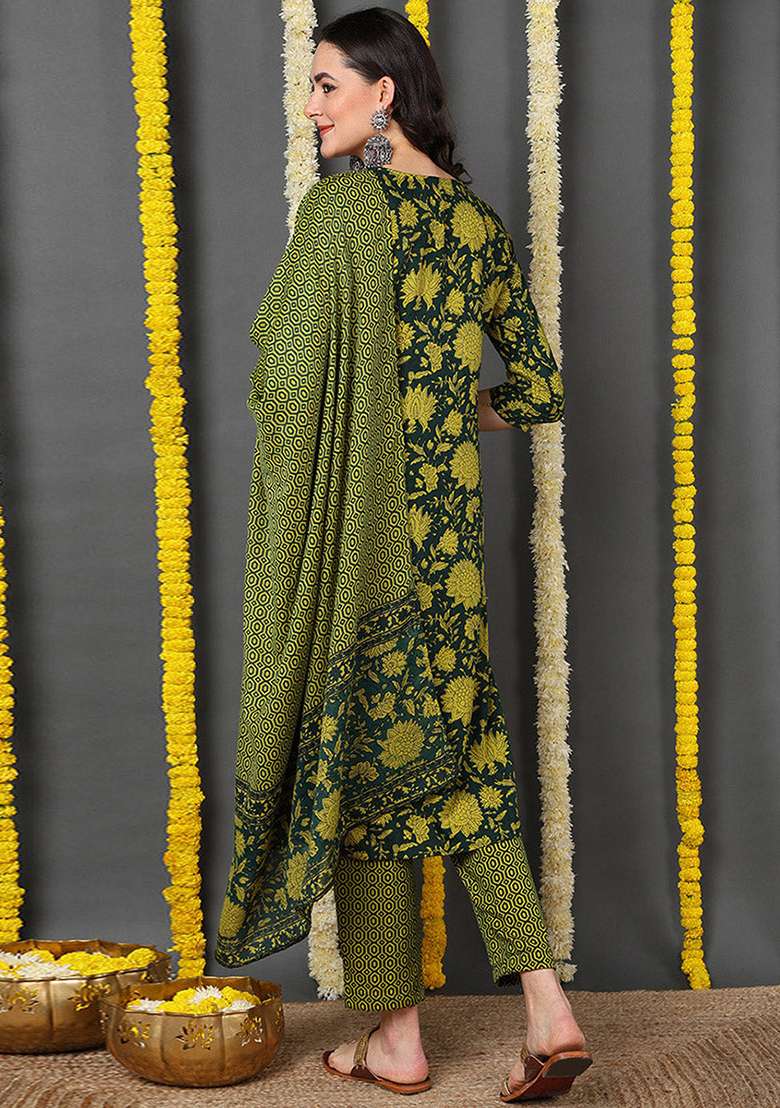 Green Floral Print Blended Straight Kurta Set - Indya