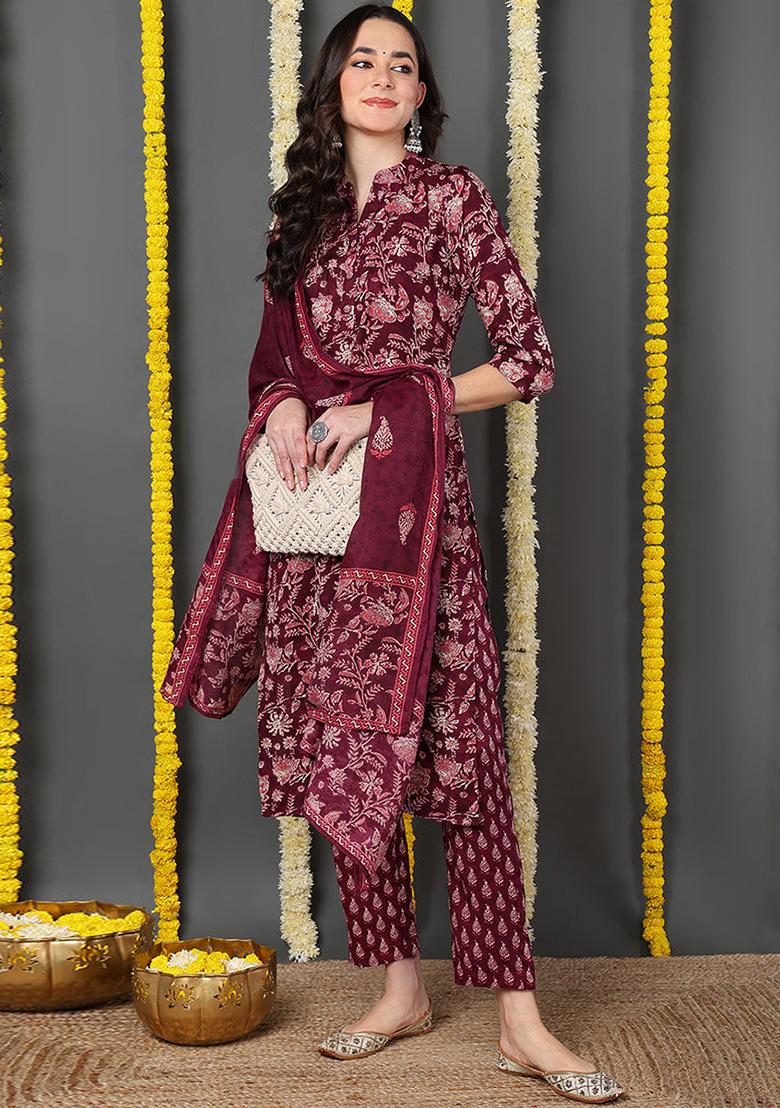 Maroon Printed Rayon Blend Kurta Set