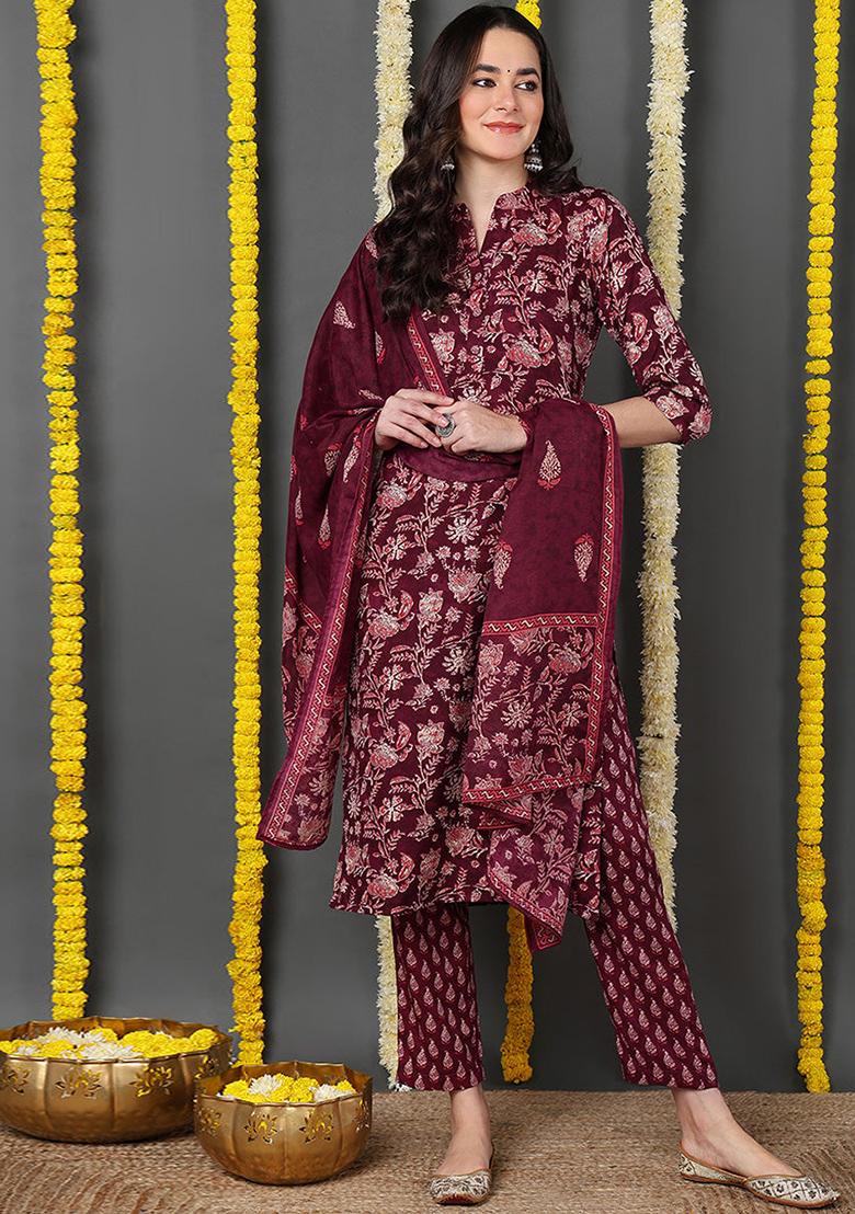 Maroon Printed Rayon Blend Kurta Set